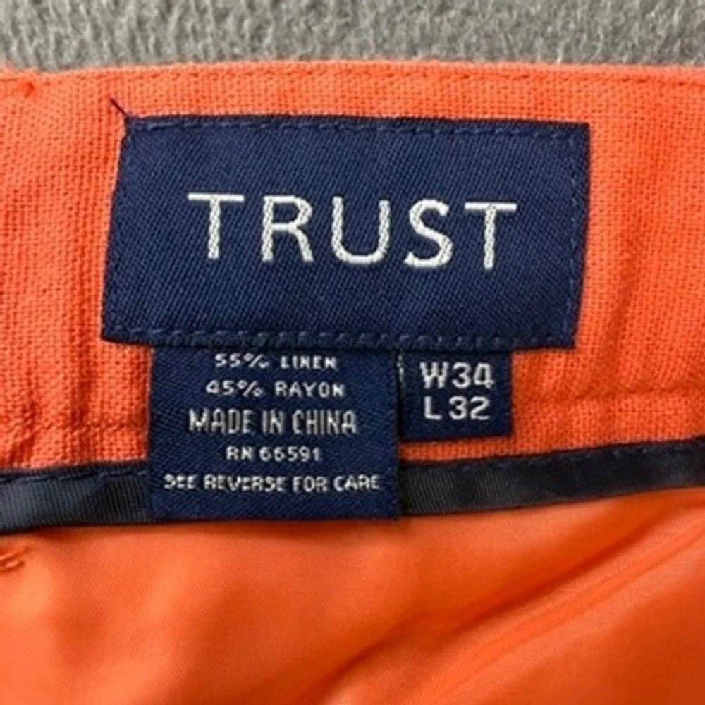 TRUST Pleated Linen Blend Trousers Relaxed Fit 34x32 (FIT 34x28) Orange Pants